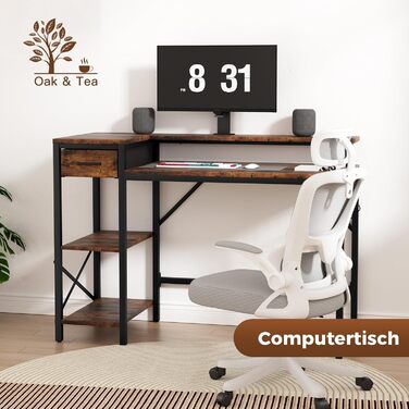 Ігровий стіл Oak & Tea 120x52 см з ящиками, регульованою полицею та тримачем для монітора – для навчання, ігор, роботи та дому. Колір: коричневий та чорний (вінтажний).