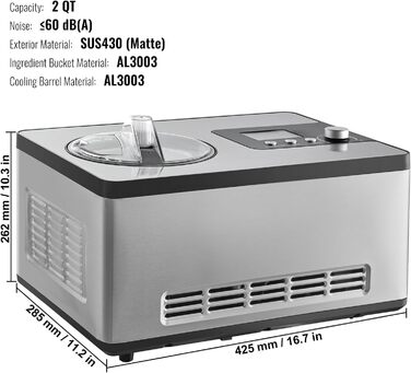 Електрична машина для приготування морозива VEVOR 2L, 180W - Морозиво, сорбет, йогурт, Gelato. Срібна, горизонтальна