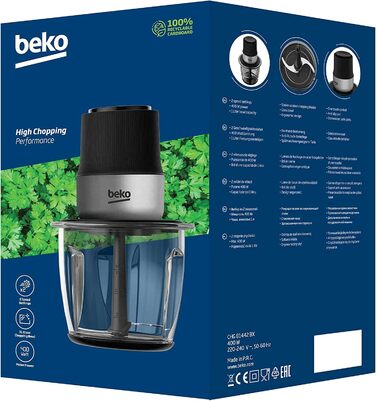 Подрібнювач Beko CHG81442BX 400 Вт, 2 леза з нержавіючої сталі, скляна чаша 1 л, 2 швидкості, нековзка основа, чорний