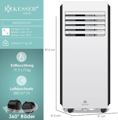 Мобільний кондиціонер KESSER 4-в-1: охолодження, осушення, вентиляція, 7000 BTU/год, з пультом, таймером, нічним режимом та колесами