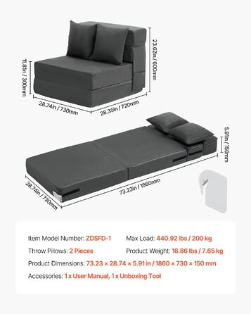 Диван-ліжко VEVOR 3-в-1 розкладний, з подушками, знімним чохлом, піна Memory Foam, сірий (односпальний) 1860x730x150 мм