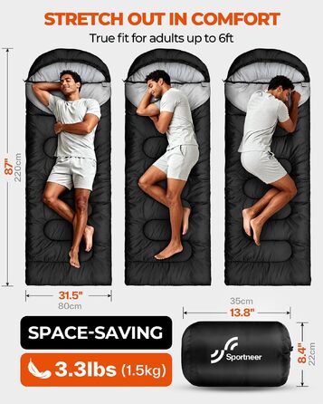 Спальний мішок для дітей та дорослих Outdoor, легкий та компактний, 220x80 см, чорний (температурний режим 10-26 °C)