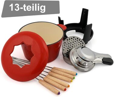 Набір для фондю BBQ-Toro з чавунного казана на 6 осіб, 1 л, 13 предметів: з пальником та вилками, емальований (Червоний/Кремовий) — для сиру, м'яса та шоколаду