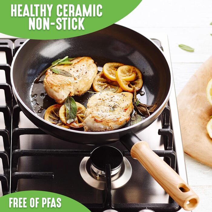 Wok GreenChef Vintage 24 см, 2,5 л, керамічний, антипригарний, PFAS-free, індукційний, дерев'яна ручка, для духовки, сірий