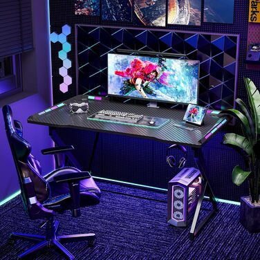 Ігровий стіл BEXEVUE з LED підсвіткою 120x50 см, чорний. Стіл для геймерів, компактний ПК стіл з карбоновою поверхнею та тримачем для навушників