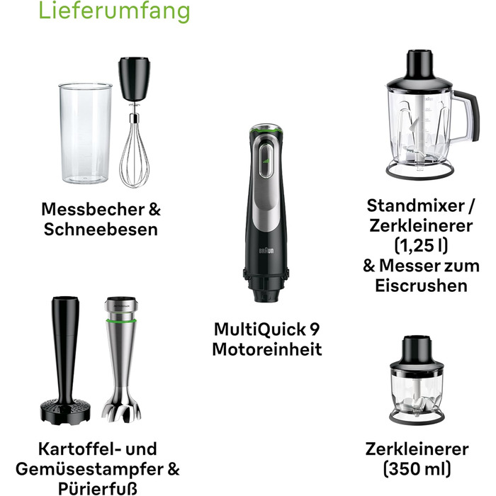 Блендер Braun MultiQuick 9 MQ 9147X 5-в-1, 1200 Вт, з насадками для подрібнення, пюре та збивання, чорний/нержавійка