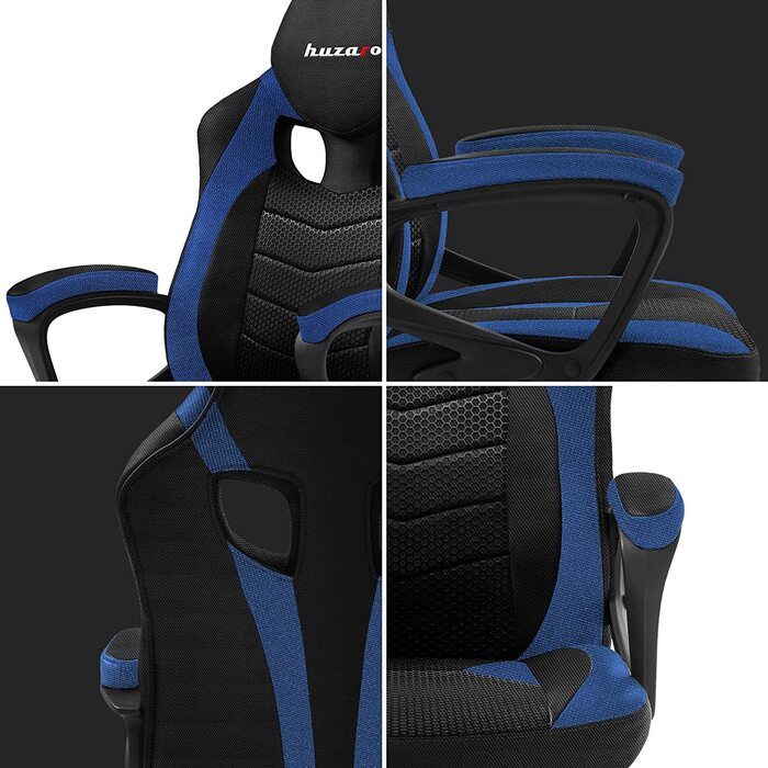 Геймерське крісло Huzaro Force 2.5 Blue Mesh, ергономічне, тканинне, чорне-синє, для комп'ютера, офісу, з регулюванням висоти та гойдалкою, навантаження до 140 кг