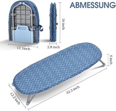 Складана прасувальна дошка KINGRACK 31×82 см, компактна, з нековзними ніжками, синя, для дому
