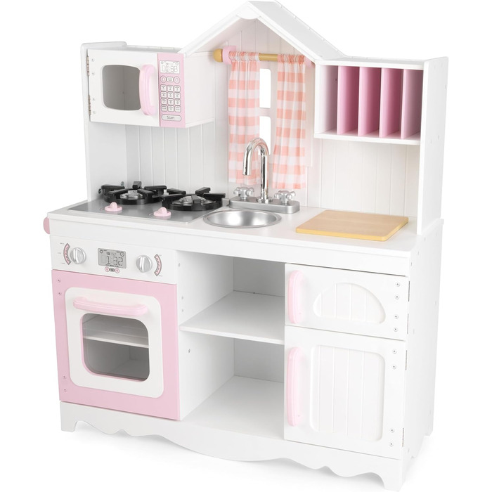 KidKraft Кухня для дітей Modern Country з дерева, рожева та біла, з фіранками, 53222 [Ексклюзив від Amazon]