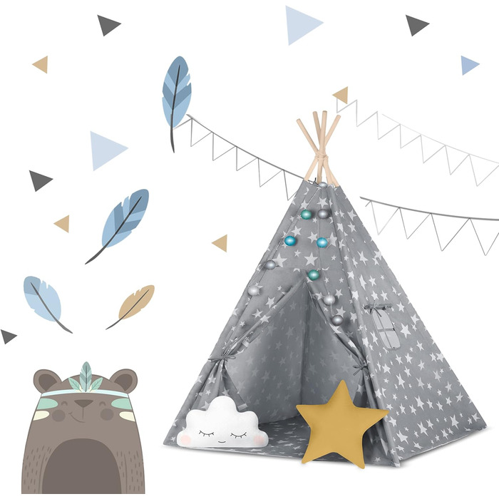 НЮКІДО Палатка для іграшок Tipi з бавовни та дерев'яним каркасом, сіра з зірками, 120x120x165 см