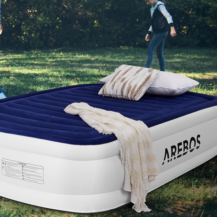 Надувний матрац Arebos 203×152,5×51 см для двох з електричною помпою, синьо-білий, для дому та кемпінгу, з сумкою