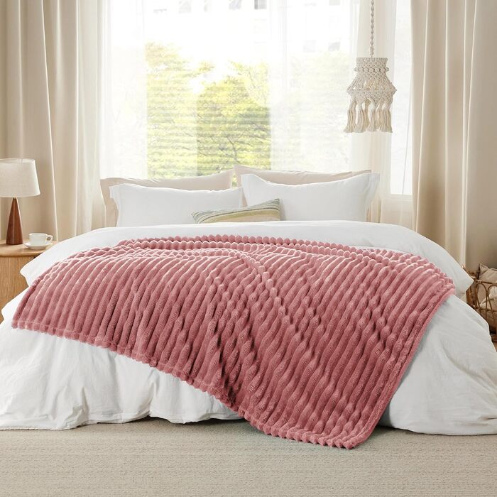 BEDSURE Плед великого розміру 220x240 см: вовняний, флісовий, для дивану, декору кімнати, теплий, м'який, XXL, білий (150 x 200 см, темно-рожевий)