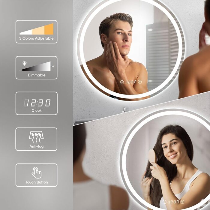 Дзеркало для ванної кімнати Dripex круглої форми з підсвічуванням LED, сенсорне управління, регулювання яскравості, 3 кольори світла, запобігання запотіванню, 50x50 см
