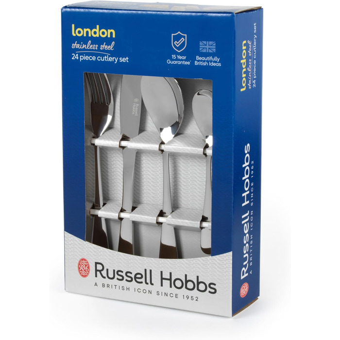Набір столових приборів Russell Hobbs London 24 предмети, нержавіюча сталь, на 6 осіб, для мийки в посудомийній машині. Гарантія 15 років