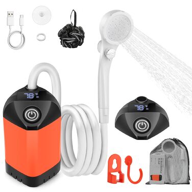 Портативний кемпінговий душ B013 з акумулятором 7800mAh, USB-C, 3-рівневою лійкою та LED-дисплеєм температури, водонепроникний, помаранчевий