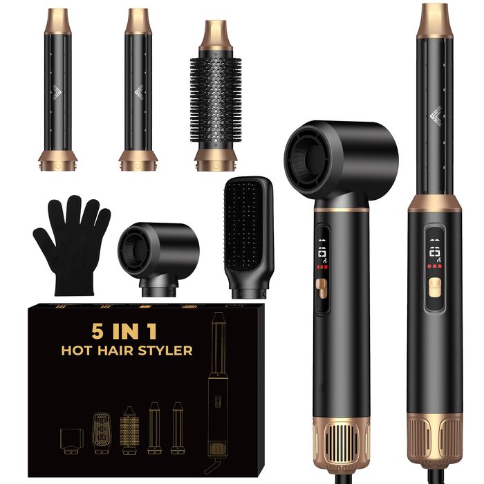 UKLISS 6-в-1 Hairstyler: Фен-щітка з автообертанням, фен, кругла щітка для волосся, набір для укладки (Чорний)