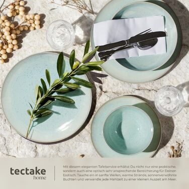 Набір посуду tectake® на 6 осіб (30 предметів), керамічний посуд, ручної роботи, з тарілками, мисками та чашками, придатний для миття в посудомийній машині та використання в мікрохвильовій печі - (24 предмети, Mid Sea)