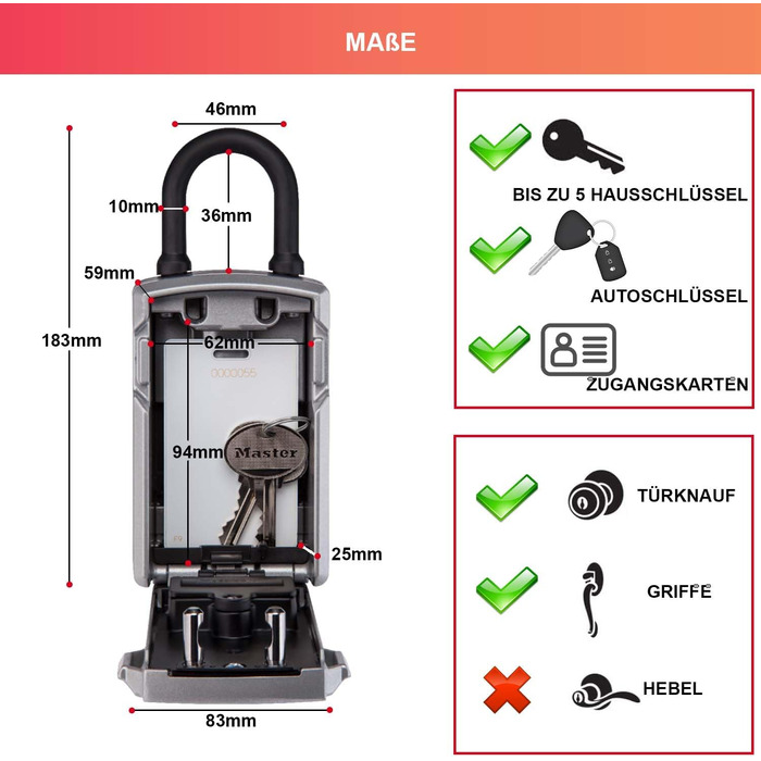 Розумний Bluetooth сейф-бокс для ключів Master Lock зі захистом військового стандарту, вуличний кодовий замок, 12.7 x 8.3 x 5.9 см