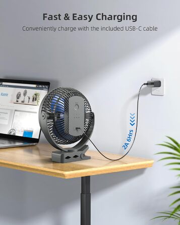 Вентилятор кліпса Koonie 10000 mAh USB портативний, 20 см з акумулятором, 4 швидкості, 360° поворот, тихий настільний/настінний для дому, офісу, дитячого візочка, кемпінгу, гроубоксу (Синій)