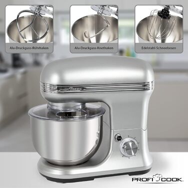 Міксер ProfiCook PC-KM 1222 W з чашею 5 л, вагами та спеціальним редуктором, 1200 Вт, 8 швидкостей, нержавіюча сталь