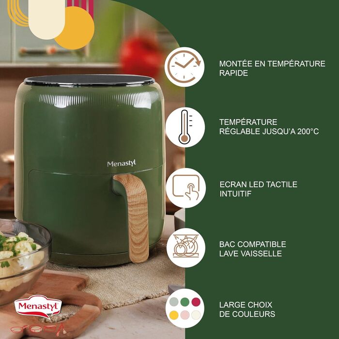 Аерофритюрниця MENASTYL Colorama без олії, 4.5 л, 8 програм, до 200°C, таймер 1 год, без PFAS, колір олива, 6025006