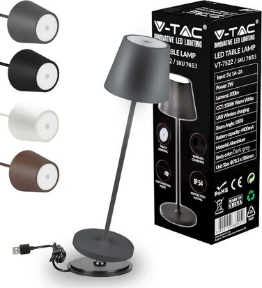 Світлодіодна настільна лампа V-TAC, диммована, бездротова, із сенсорним керуванням, акумуляторна, сіра, для дому та вулиці, IP54, 4400 мА·год, тепле світло 3000K