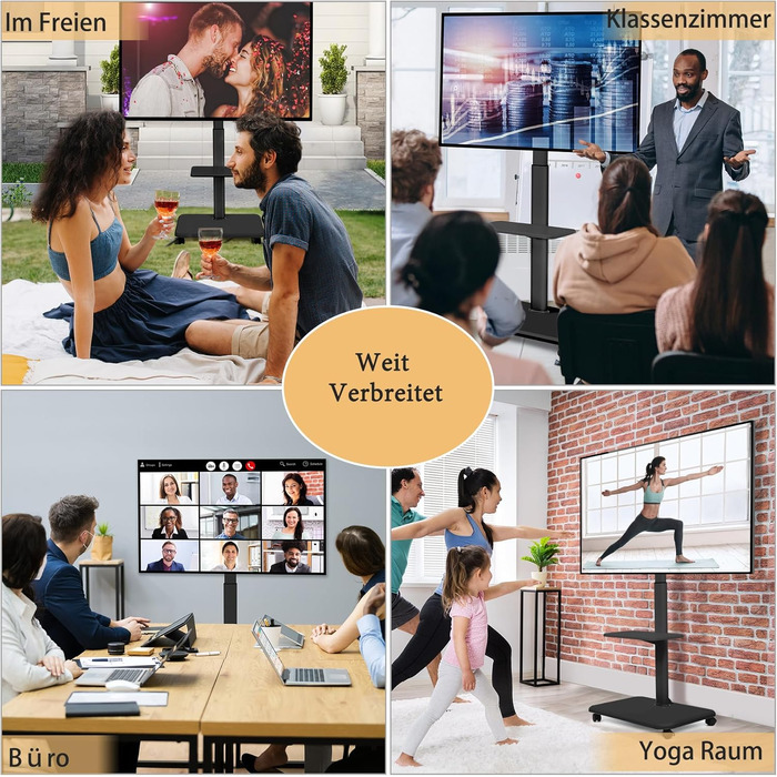 Мобільний телевізійний тумба Hellsehen для LED/LCD/OLED TV 32-70 дюймів (до 45.4 кг), чорна, з регулюванням висоти та фіксаторами коліс