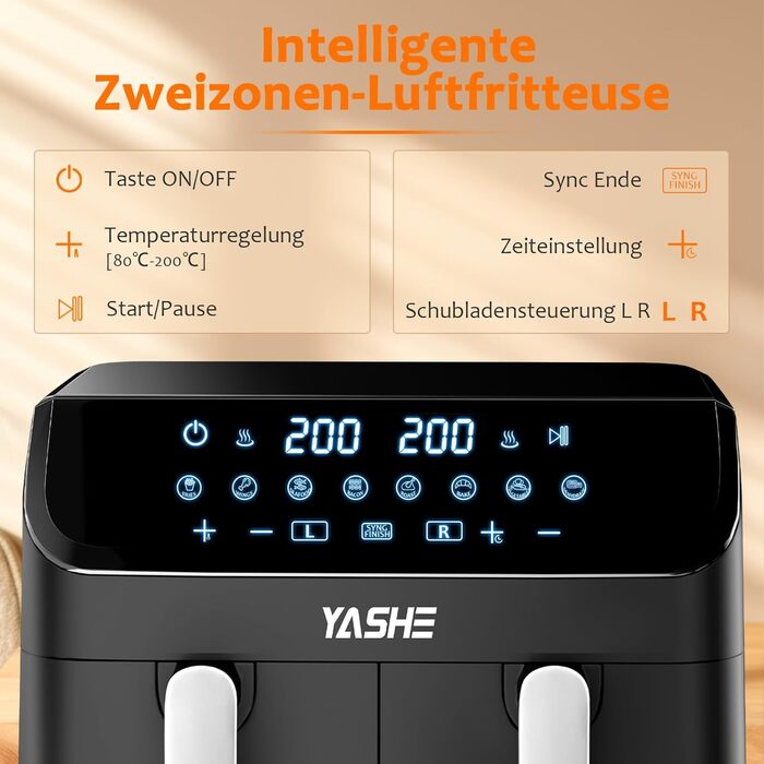 Двоциліндрична аерофритюрниця YASHE 9 л XL з цифровим керуванням, подвійна фритюрниця з сенсорним дисплеєм, 8-в-1, здорове приготування без олії та жиру