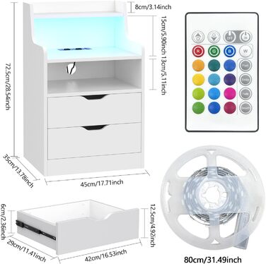 Тумба приліжкова Lvhecforhm з LED-підсвіткою, розеткою та USB, сучасна біла тумба з 2 шухлядами і відкритою полицею 45x35x73 см для спальні та вітальні