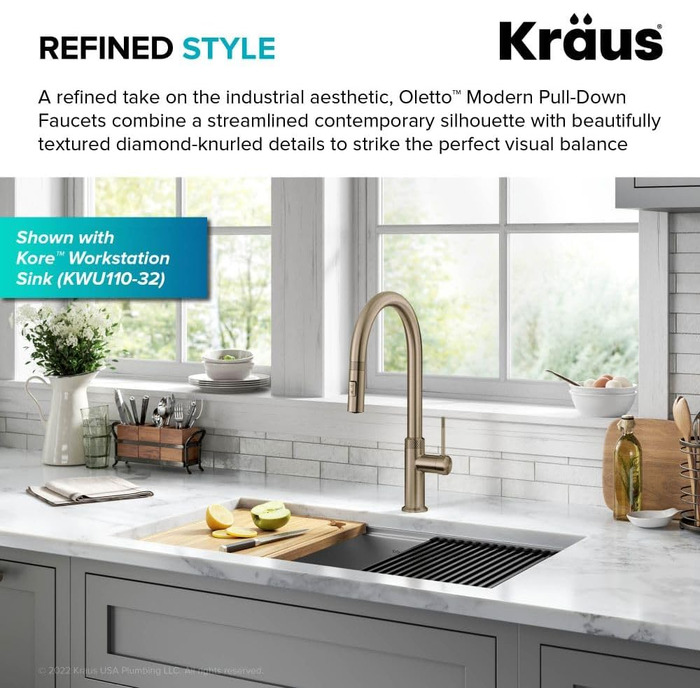 Змішувач кухонний Kraus Allyn KPF-2654BG висувний, золотий брашований, 44 см