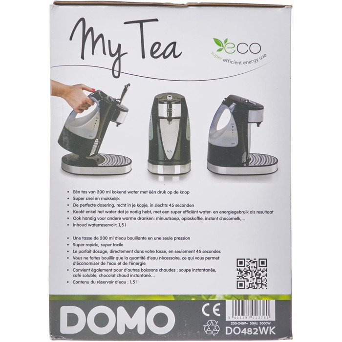 Електрочайник Domo DO482WK, пластик та нержавіюча сталь, 1.5 л, білий/чорний