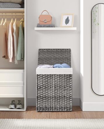 SONGMICS Кошик для білизни з кришкою, 90 л, 2 відділення, знімний мішок з ручками, ручне плетіння, для спальні та ванної, сірий, 33×46×60 см