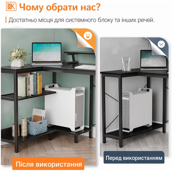 ODK письмовий стіл у формі L чорний, геймерський кутовий стіл з USB зарядкою та розеткою, з полицею для монітора, для офісу та домашнього кабінету, 120x80x88 см
