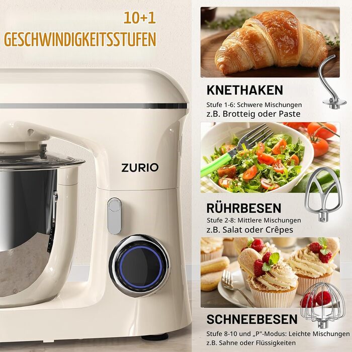 Планетарний міксер Zurio 1300W, чаша 5.5л, кухонна машина з 10 швидкостями та функцією тихого замішування, колір Cream
