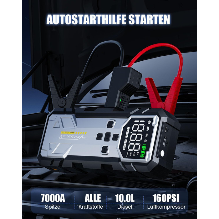 Powerbank Starthilfe 7000A з компресором та LED-ліхтариком: 160PSI, 12V для бензинових та дизельних авто (10L)
