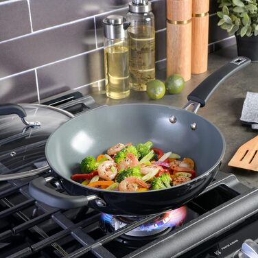 Набір посуду Kenmore Elite Andover, 10 предметів, алюміній кований з антипригарним покриттям, блакитний Glacier Blue (вок 28 см, чорний/кристали)
