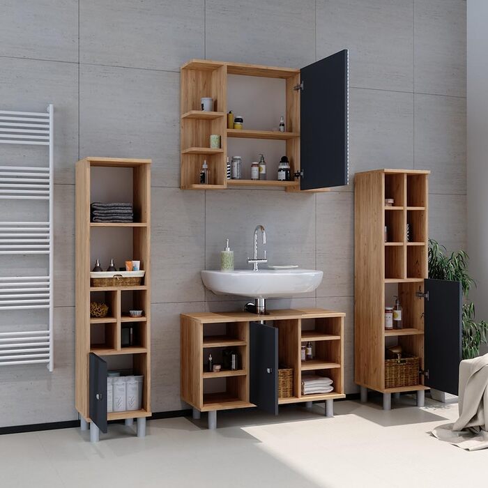 Пенал для ванної Vicco Fynn, антрацит/дуб золотий, 30x130.6 см, з великою дверцятами