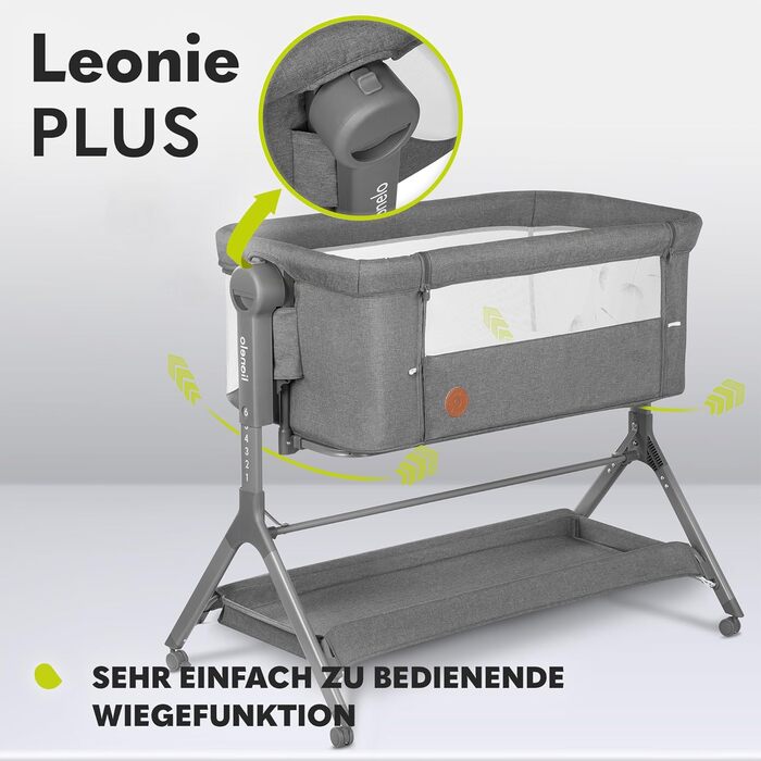 Дитяче ліжко Lionelo Leonie Plus 3 в 1 (ліжко, приліжкова колиска, гойдалка) сірого кольору, до 9 кг, з регулюванням висоти, повітряні стінки, знімною бічною панеллю, коліщатка з гальмом, великий кошик