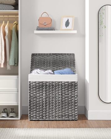 Кошик для білизни SONGMICS 130 л з кришкою, 2 секції, ручки, знімний мішок, плетений, сірий, 33x66x60 см, для спальні та ванної