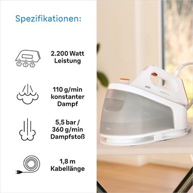 Праска з парогенератором Braun CareStyle 1 Pro IS 1511 WH: професійна система для прасування з технологією FreeGlide 3D, вертикальним відпарюванням, антикрапельним захистом, резервуаром 1.7 л, 5.5 бар, 2200 Вт, біло-помаранчевий