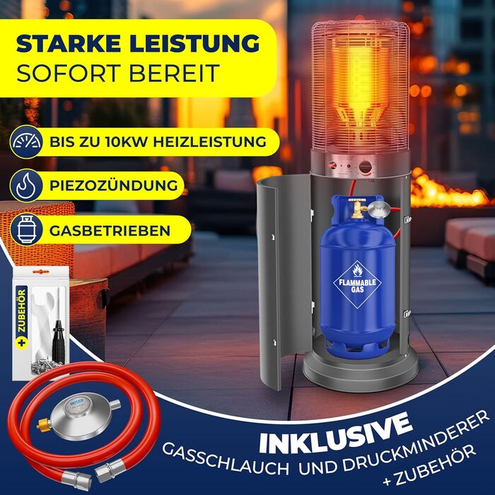 Газовий обігрівач KESSER® KE12 - Тепло для тераси. Потужність 10 кВт, з захисним чохлом, антрацит (Газовий балон не входить у комплект)