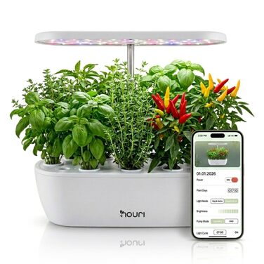 Nouri Smart Garden 12 Pod: Гідропонна система для вирощування томатів та зелені вдома з додатком | LED лампа для рослин