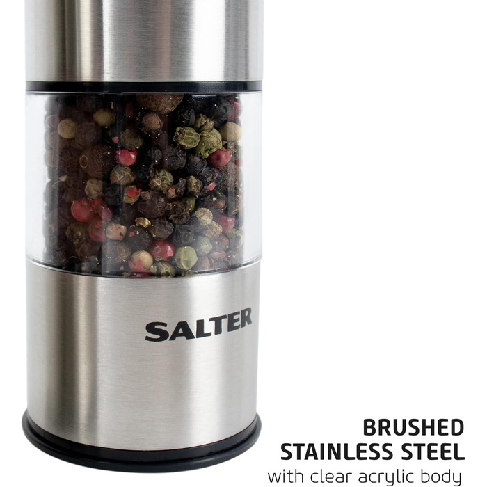 Електричні млини для солі та перцю Salter 7722, нержавіюча сталь, BPA-free, регульований помел, LED-підсвітка, просте наповнення, 60 г солі/30 г перцю