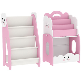 Дитяча полиця 3-в-1: модульний стелаж для книг з 4 кишенями та 3 рівнями, органайзер для іграшок та приліжкова тумба, рожева
