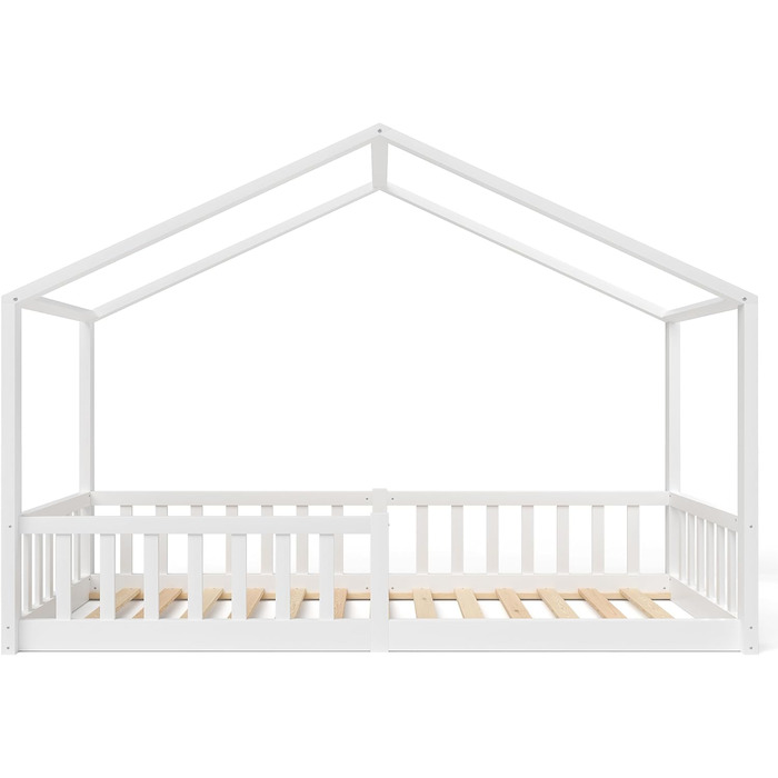 Дитяче ліжко-домік Bellabino Bia 80x160 см, біле, з бортиком і основою, Montessori підлогове ліжко з масиву сосни