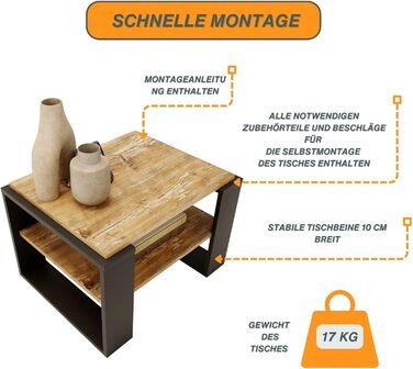 CraftPAK журнальний стіл для вітальні з якісного деревного матеріалу, сучасний та стійкий столик для дивану з додатковою полицею, модель Kaja 63, чорний колір