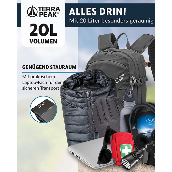 Рюкзак Terra Peak Flex 20 Premium 20 л з вентиляцією спини, питною системою та дощовиком – туристичний рюкзак з дихаючого 3D Air Mesh поліестеру з поясом на стегна для походів та активного відпочинку