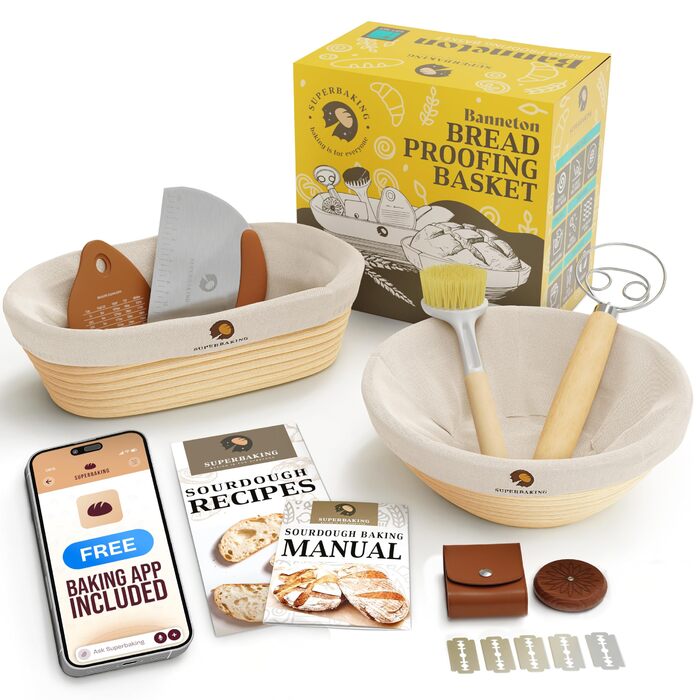 Набір для випічки закваски Superbaking: корзини Banneton (2 шт.) круглі (23 см) та овальні (25.4 см), стартер для закваски