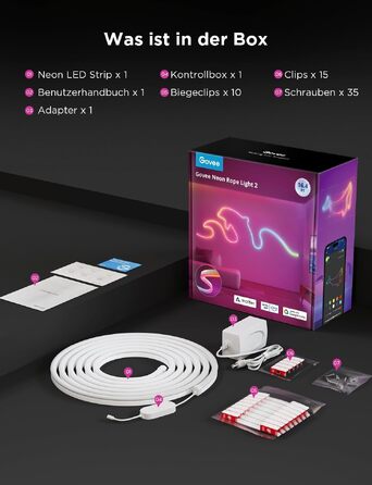 Гнучка неонова LED-стрічка Govee Neon Rope Light 2 RGBIC, 5м, біла, для DIY дизайну та інтер'єру