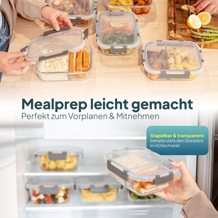Набір скляних контейнерів для їжі з кришками uandu, 10 предметів, Meal Prep бокси з 2 відділеннями, антрацит